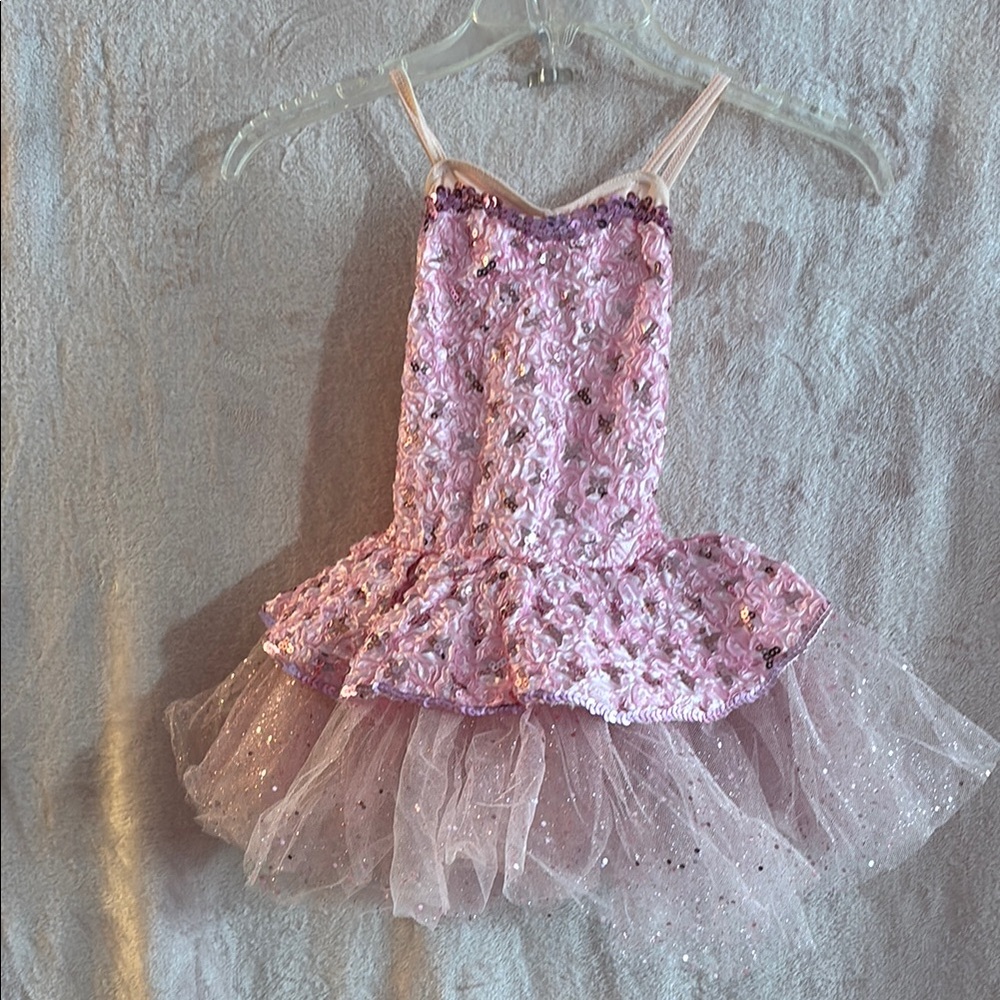 Pink Sequin Dance Costume with hair bow